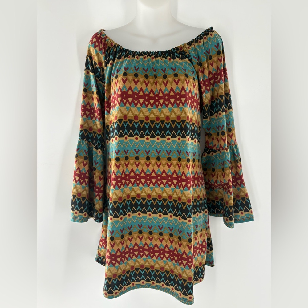 Boho Off-Shoulder Patterned Tunic Top in Turquoise & Mustard Size M - Picture 1 of 10